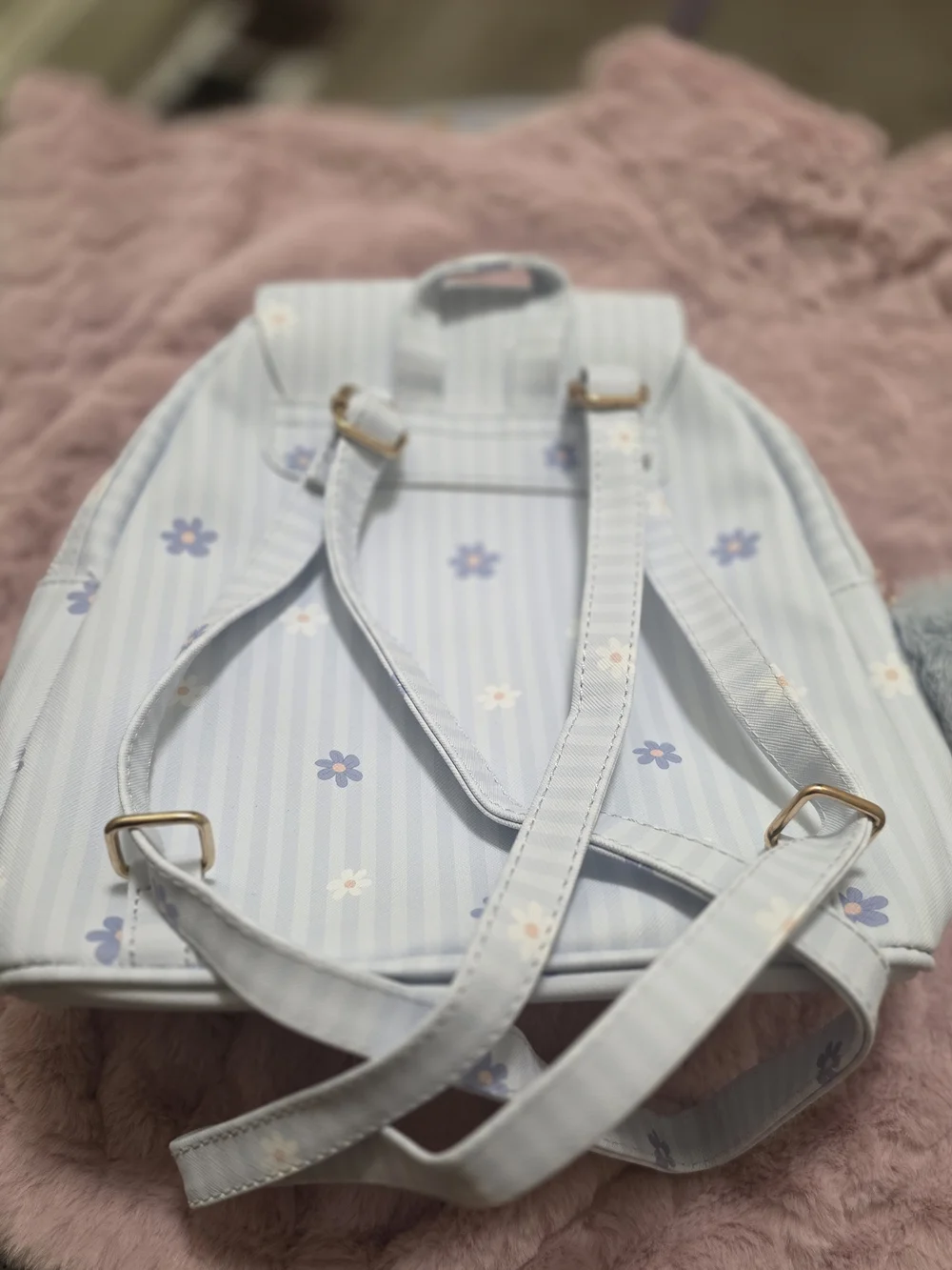 Women’s Light Blue Floral Quilted Backpack with Gold Accents